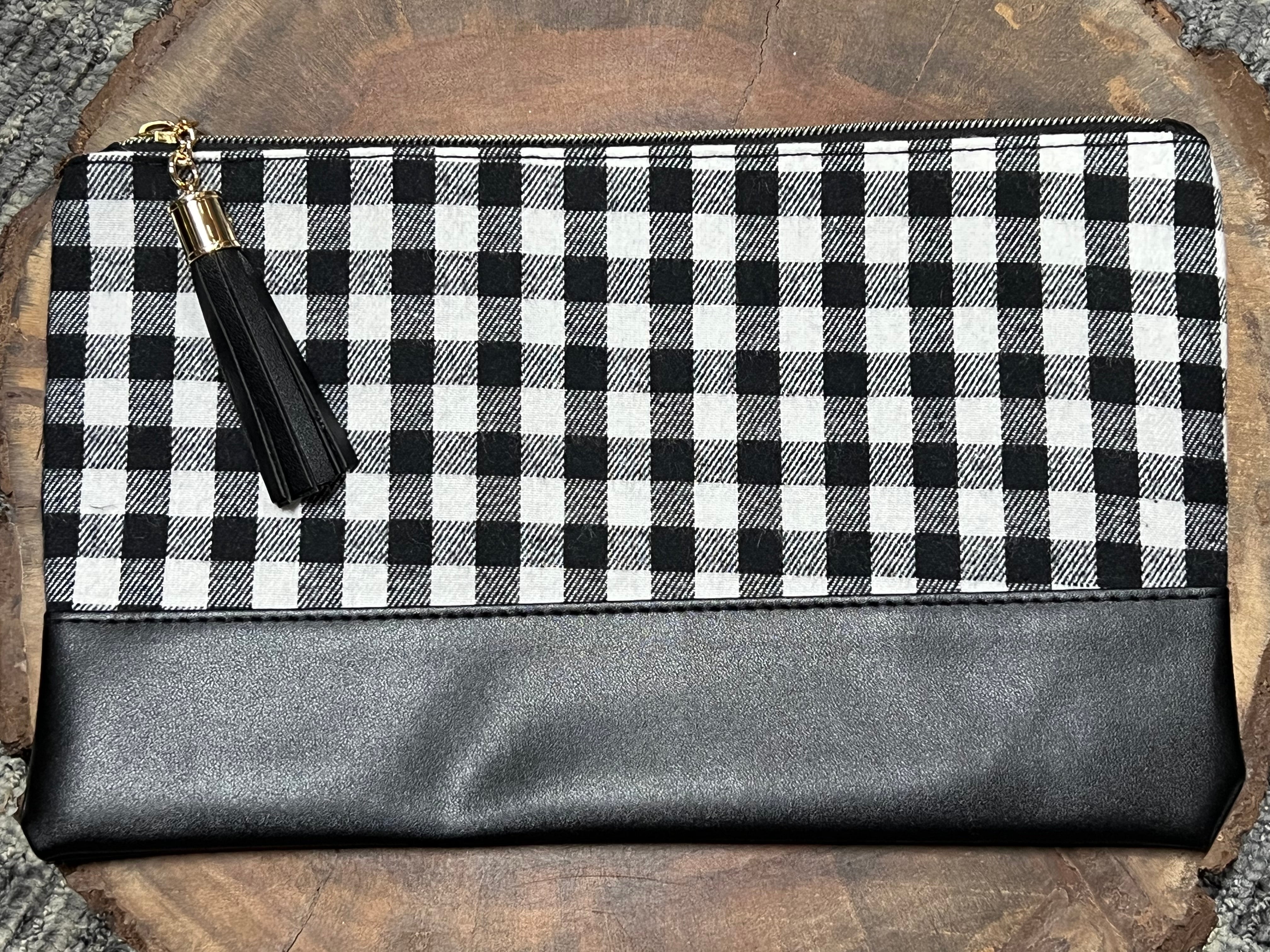 White Buffalo (Small Pattern) Makeup Bag - Black Vegan Bottom with Black Tassel