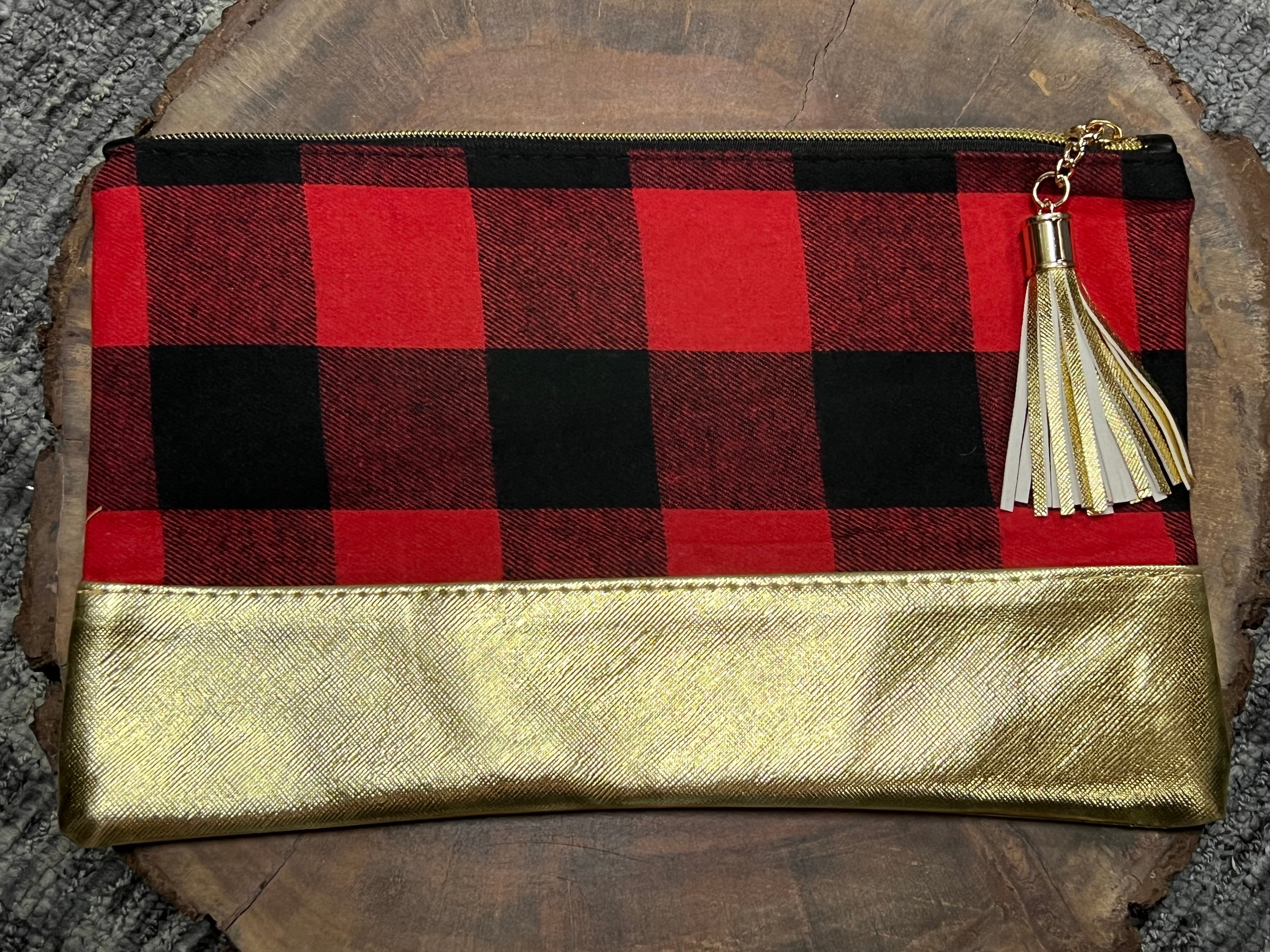 Red Buffalo Makeup Bag - Gold Vegan Bottom with Gold Tassel