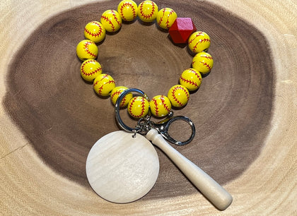 Wood Softball, Wooden Bat and Red Bead with Monogram Wood Disc Bead Bracelet Keyring