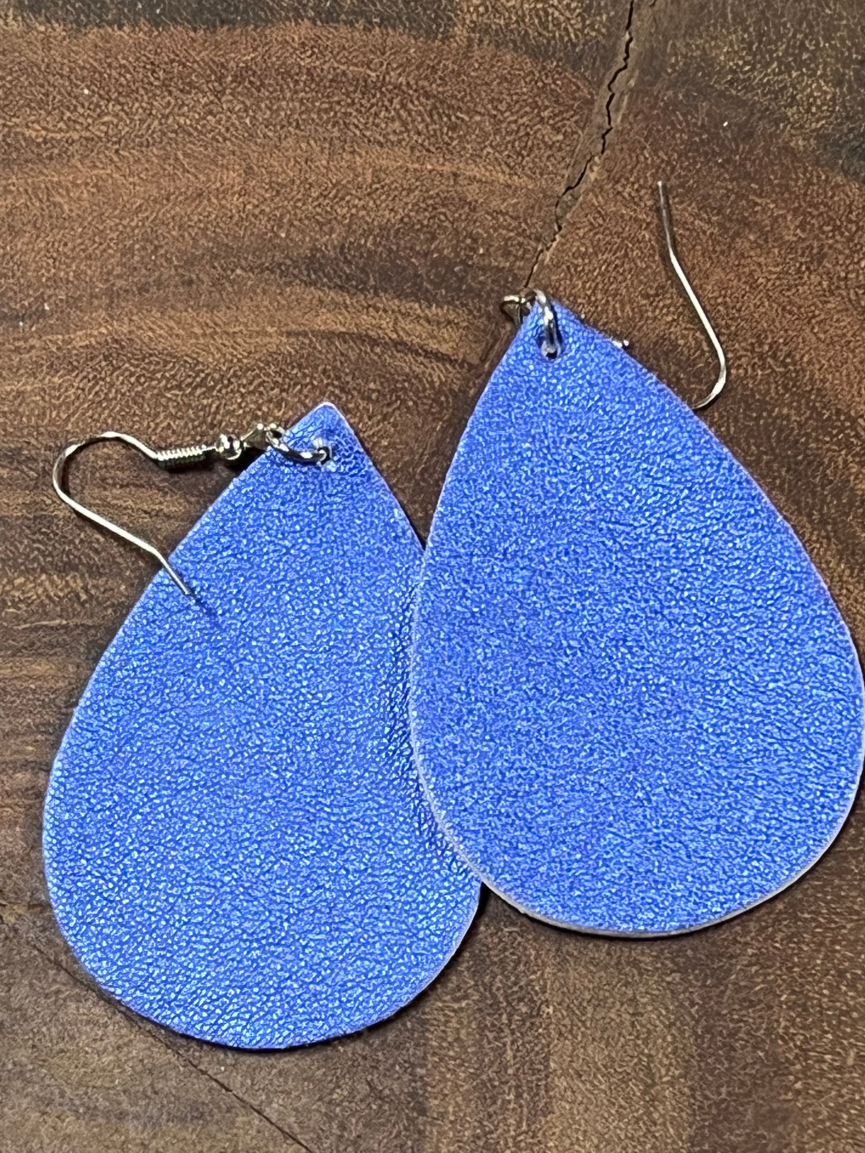 Vegan Leather Tear Drop Earring - Blue with a Slight Shimmer