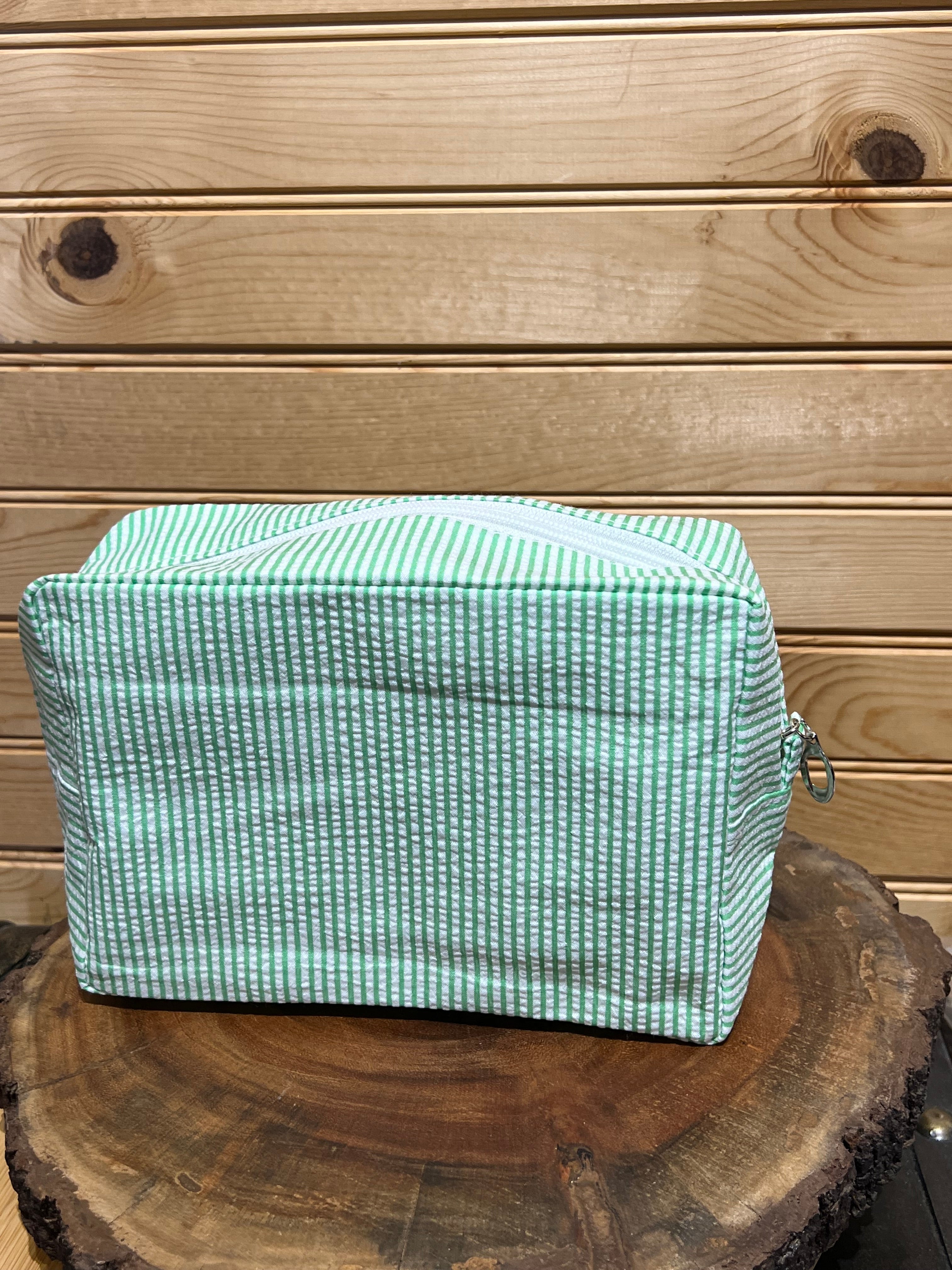 Seersucker Makeup Bag - Green (White Zipper)