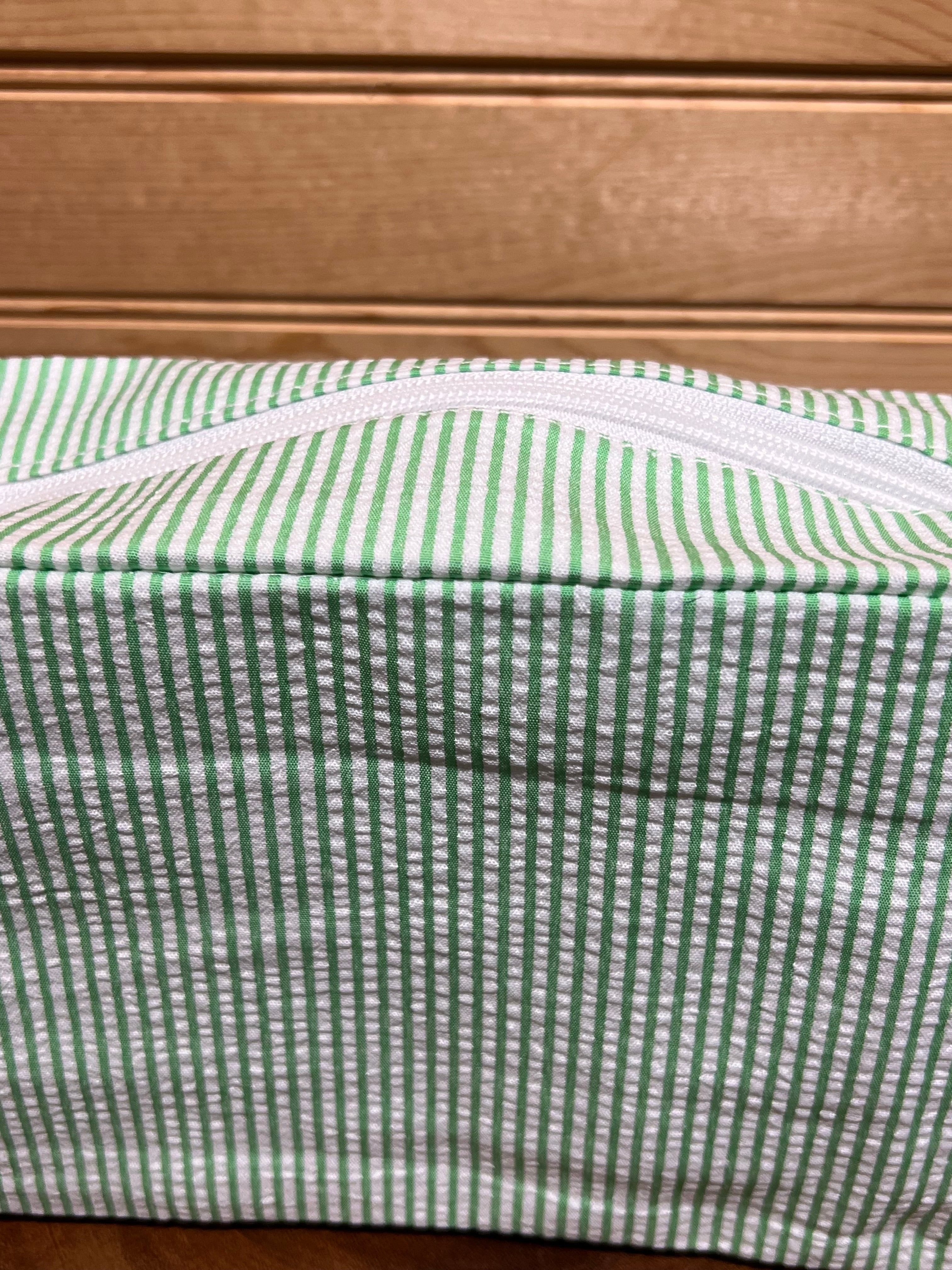 Seersucker Makeup Bag - Green (White Zipper)