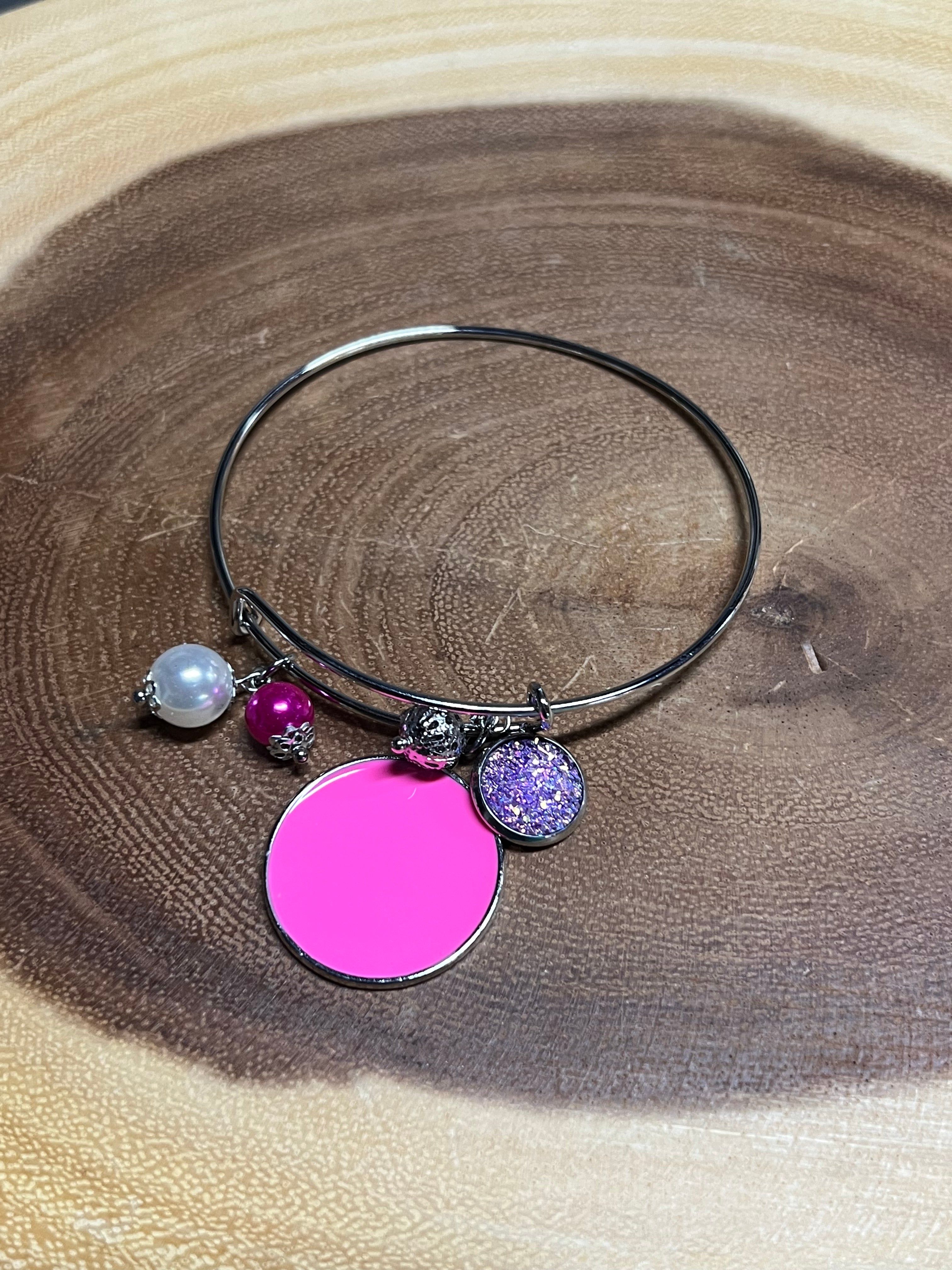 Slide Bangle with Color Disc - Metal Bracelet - Hot Pink