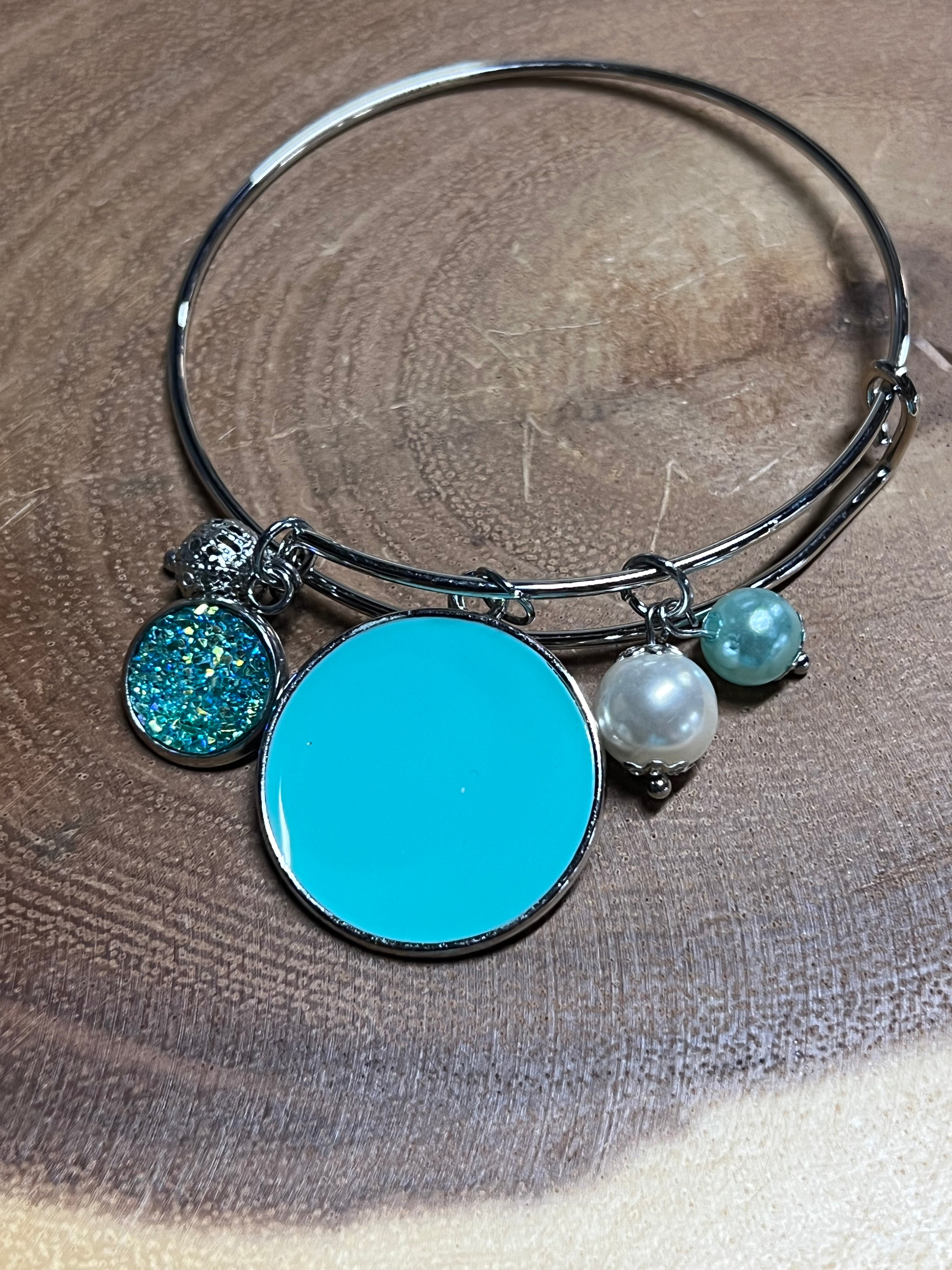 Slide Bangle with Color Disc - Metal Bracelet - Teal