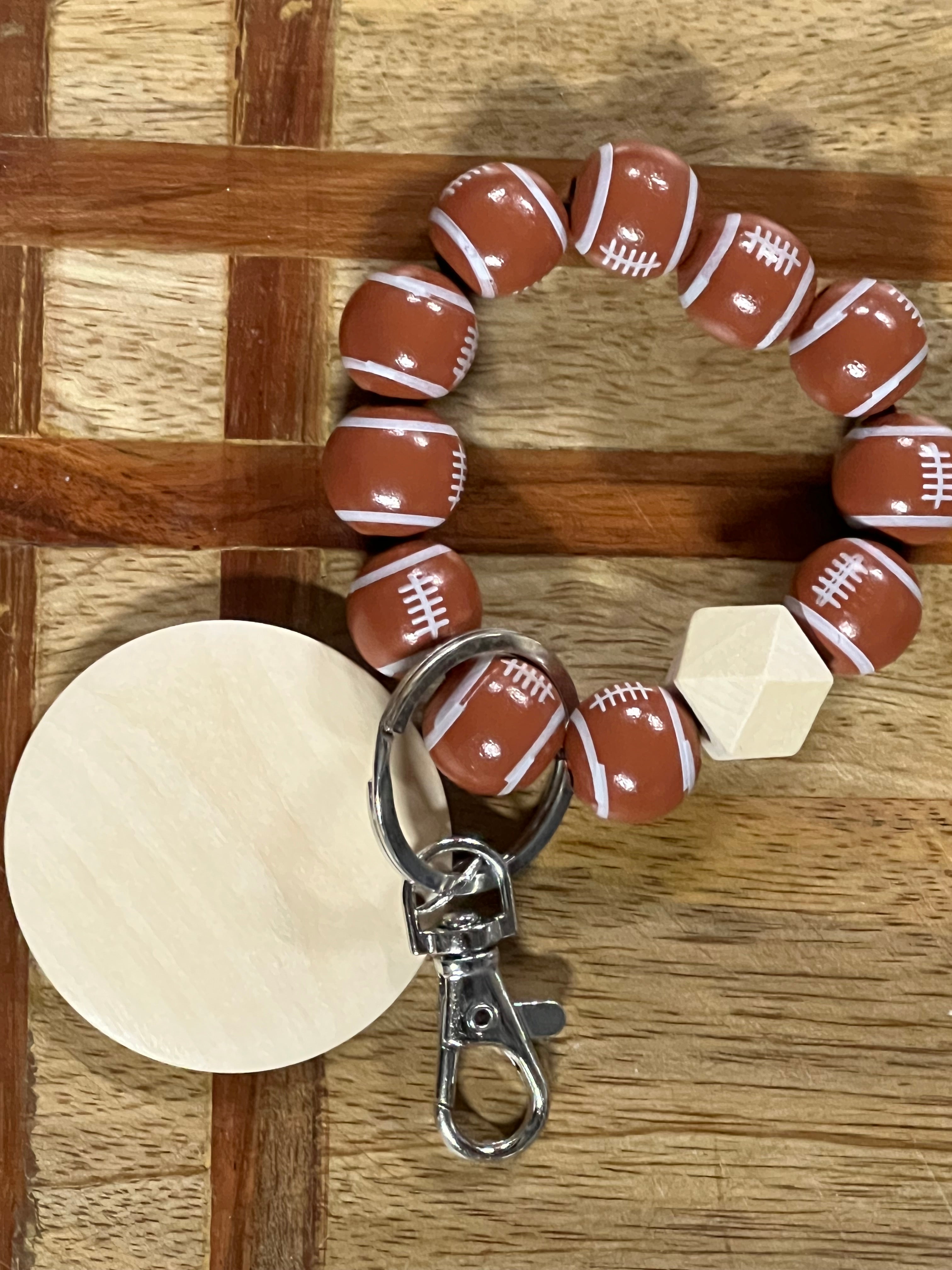 Youth Wood Football,  with Monogram Wood Disc Bead Bracelet Keyring