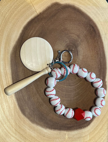 Adult Wood Baseball, Wooden Bat and Red Bead with Monogram Wood Disc Bead Bracelet Keyring