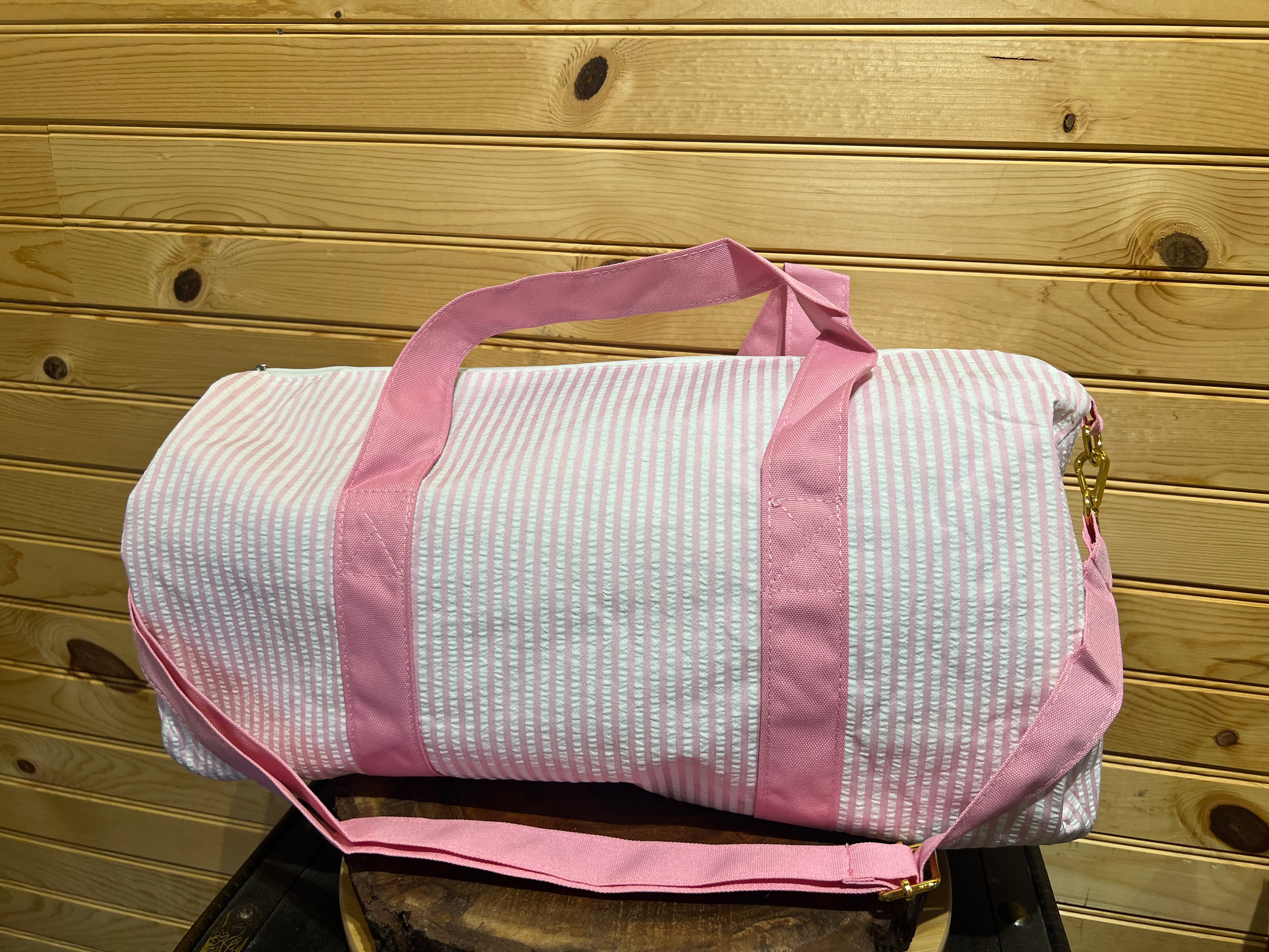 Seersucker Duffle Bag - Pink with Dark Pink Straps