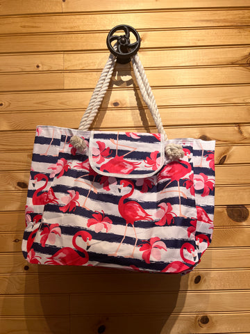 Canvas Beach Bag with Rope Handles - Flamingos