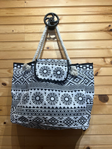 Canvas Beach Bag with Rope Handles - Black and White Aztec