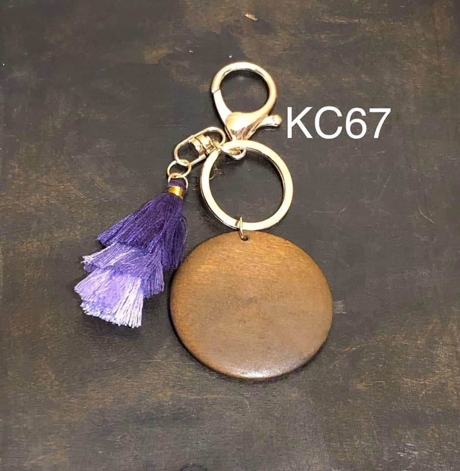 Wood Disc with Triple Tassel keyring - Purples