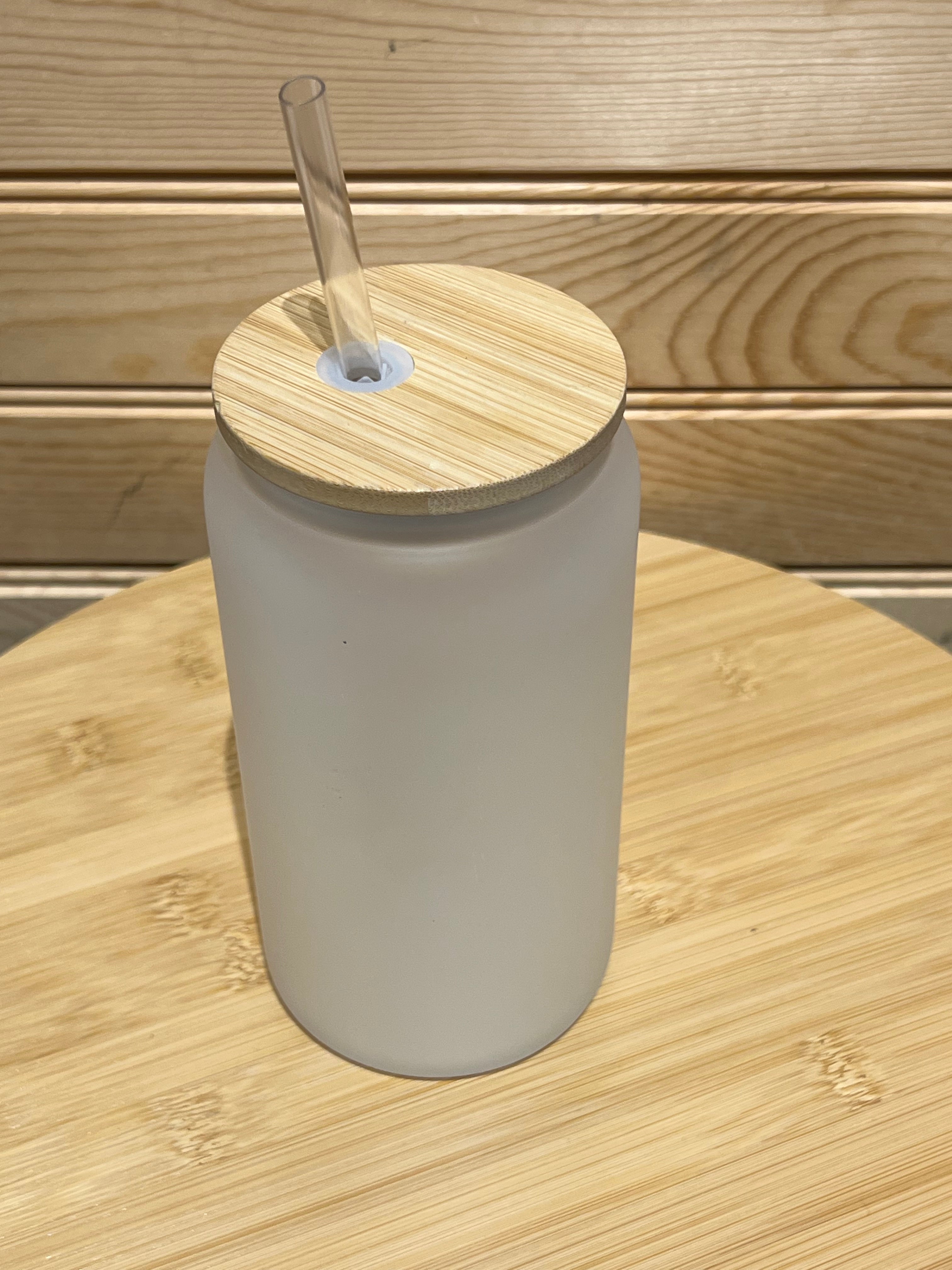 Frosted Glass Can with Bamboo Lid and Plastic Straw - 16 oz