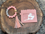 Pink and Grey Silicone Bead Bangle with Vegan Leather Credit Card - VBCC - Pink