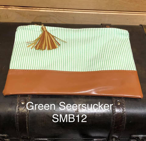 Seersucker Makeup Bag - Green with Vegan Leather Bottom