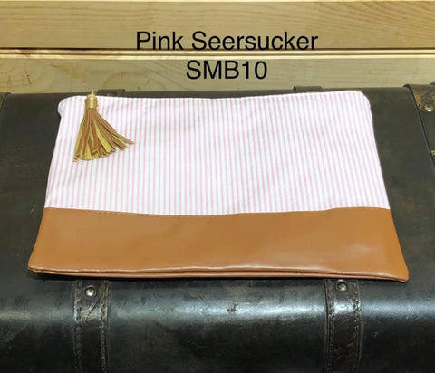 Seersucker Makeup Bag - Pink with Vegan Leather Bottom