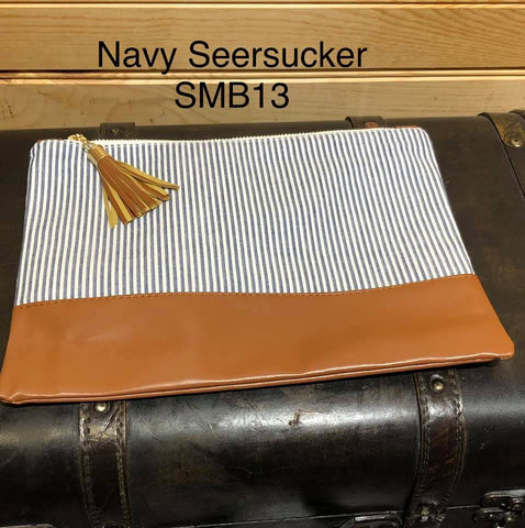 Seersucker Makeup Bag - Navy with Vegan Leather Bottom