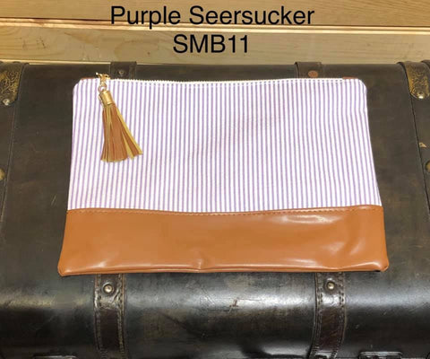 Seersucker Makeup Bag - Purple with Vegan Leather Bottom