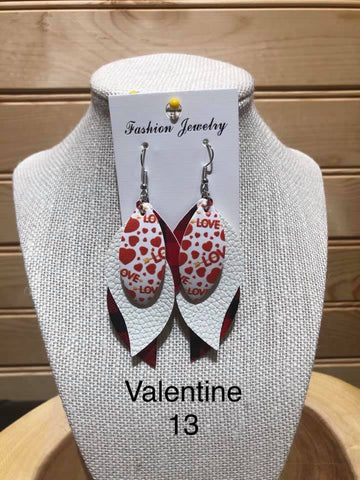 Valentine Earring - 3 Layer Wave Red Buffalo / White / White with Love/Hearts