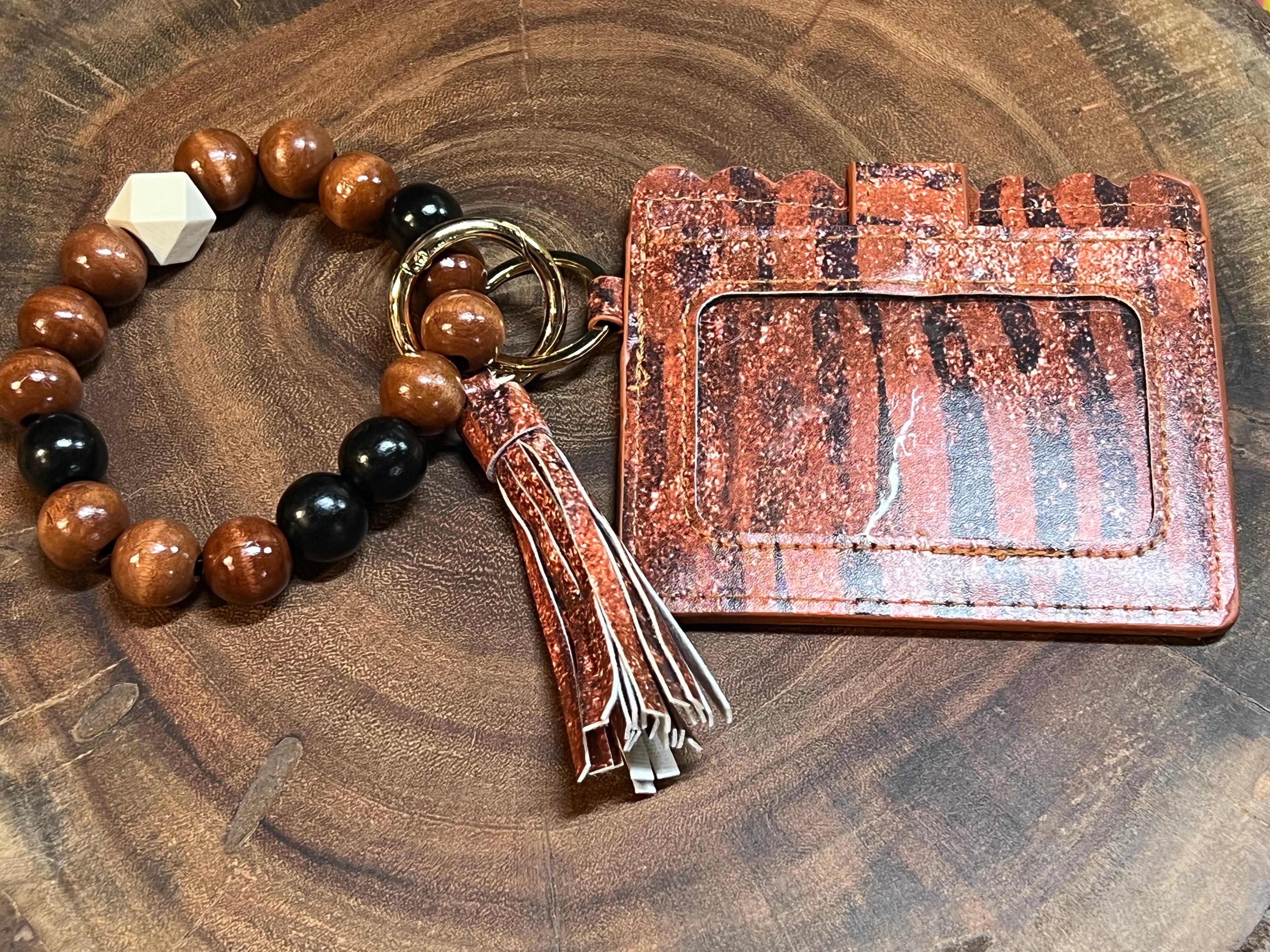 Brown and Black Silicone Bead Bangle with Vegan Leather Credit Card - Brown Tiger