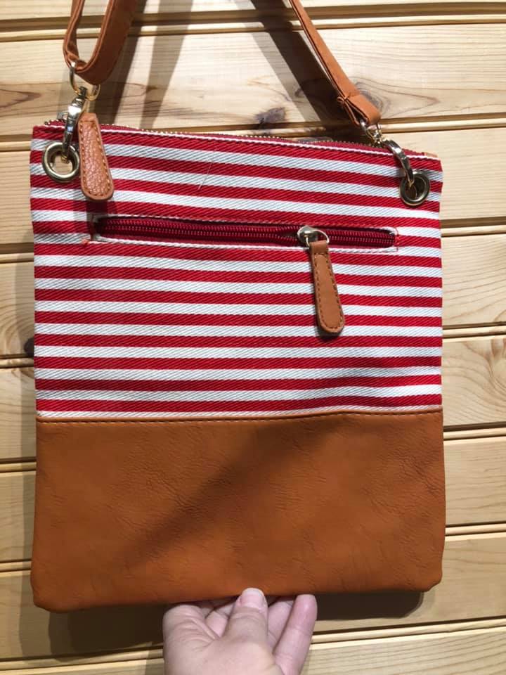 Stripe Cross Body Bag - Black Stripe with Dark Brown Vegan Leather