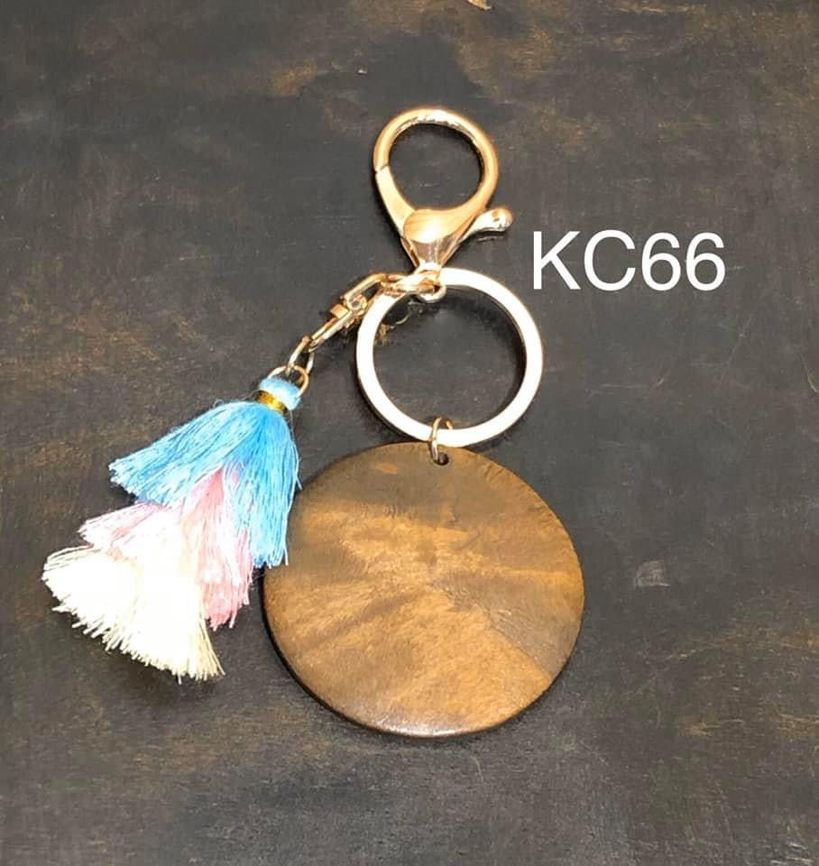 Wood Disc with Triple Tassel keyring - Aqua / Pink / Yellow