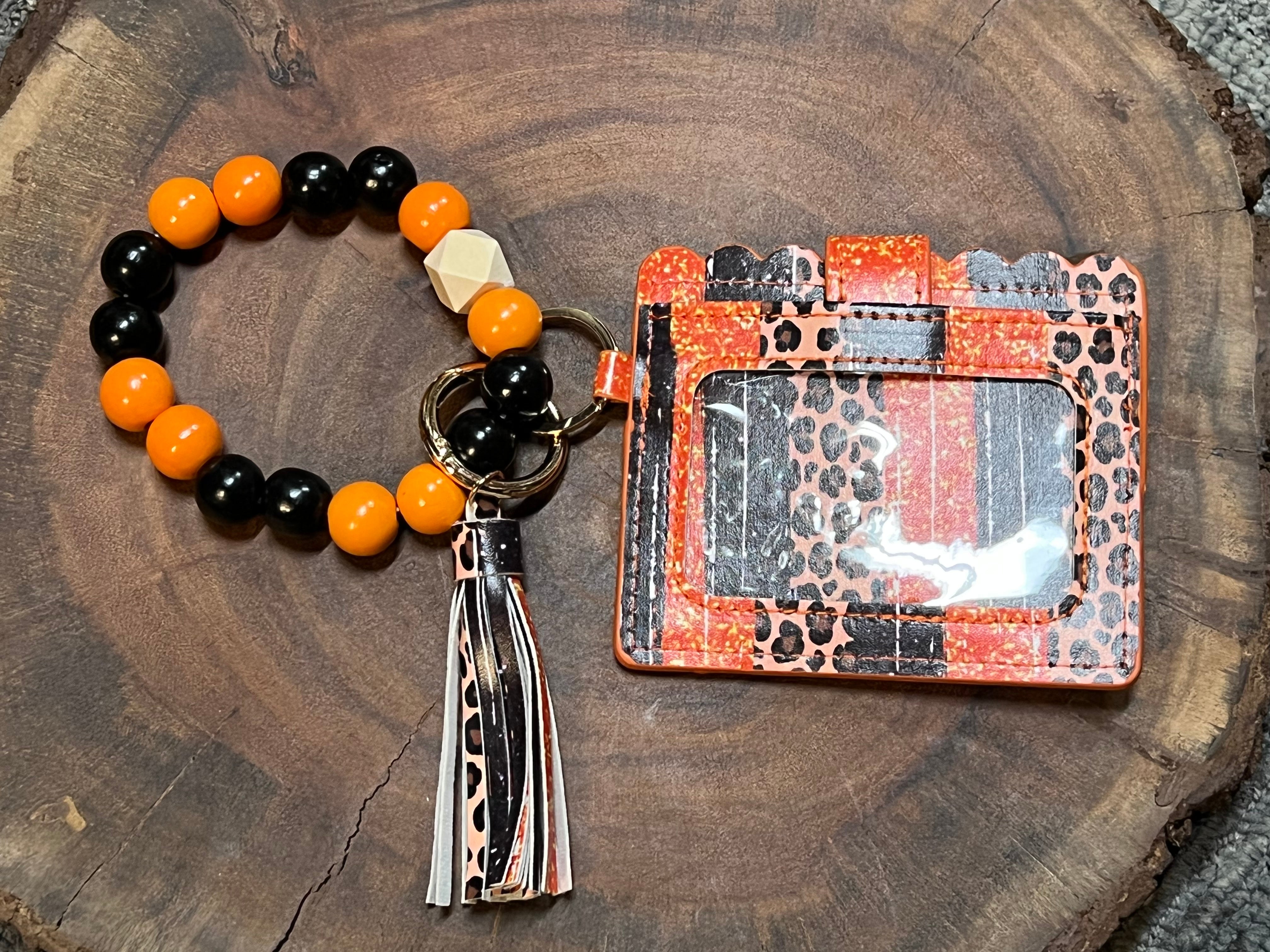 Wood Bead Bangle with Vegan Leather Credit Card - VBCC - Orange / Black / Leopard