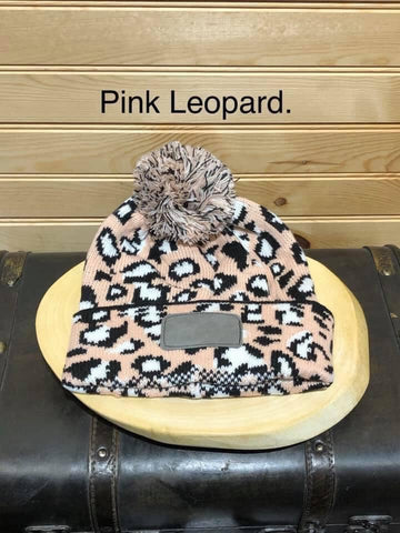 Adult PomPom Beanie with Monogram Spot - Pink Leopard