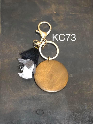 Wood Disc with Triple Tassel keyring - Black / Grey / White