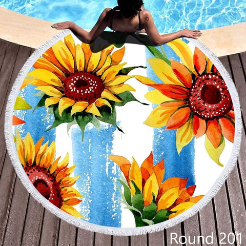 Round Beach Towel - 201 - Sunflower with Blue & White Stripe