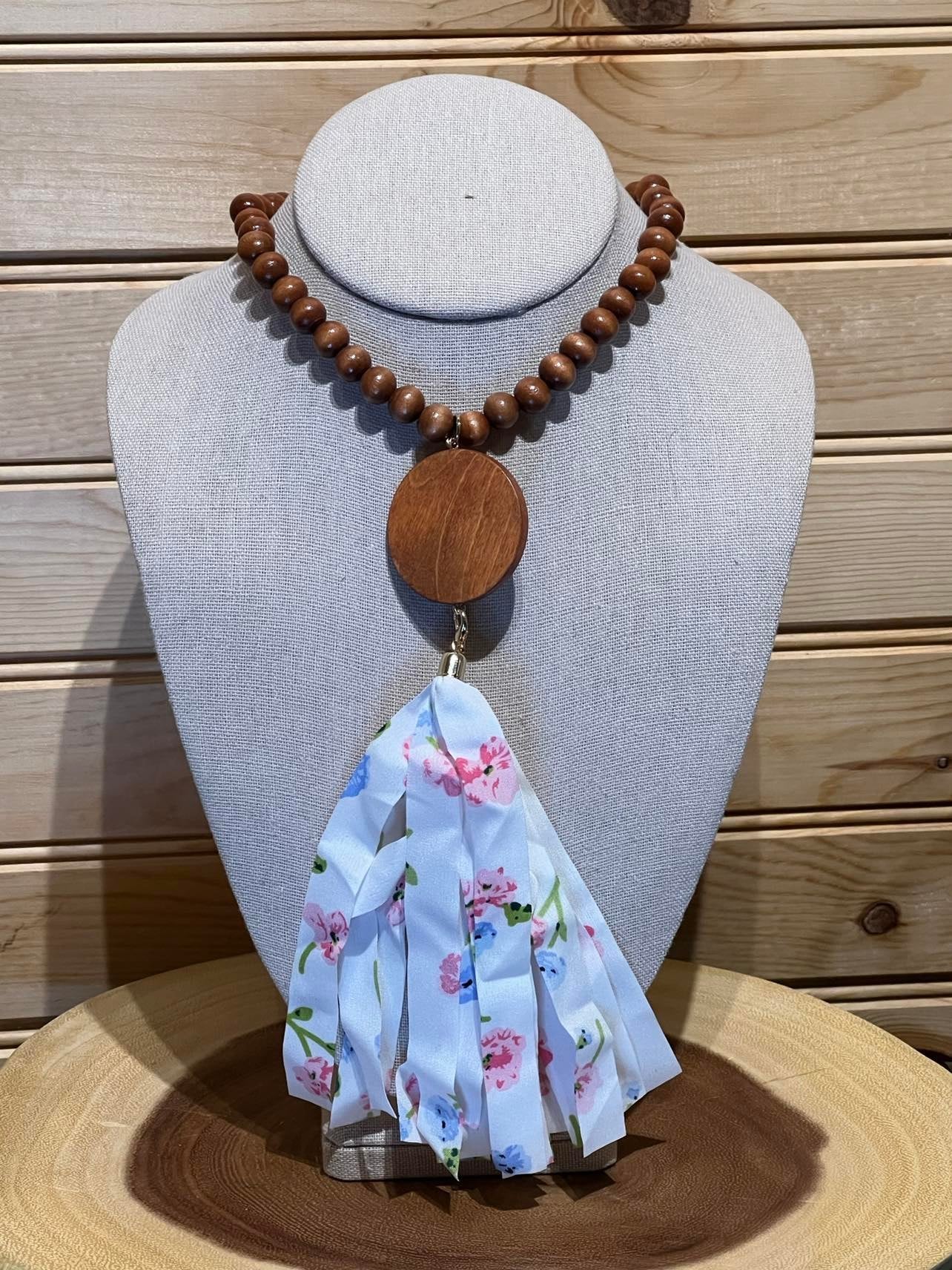 Wood Bead Disc Tassel Necklace with White with Paisley - #18