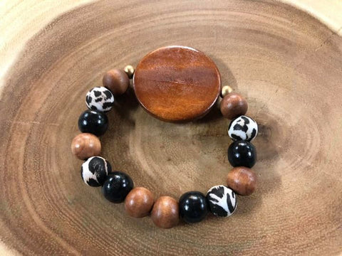 Leopard / Black / Brown Bead with Wood Monogram Disc Bracelet