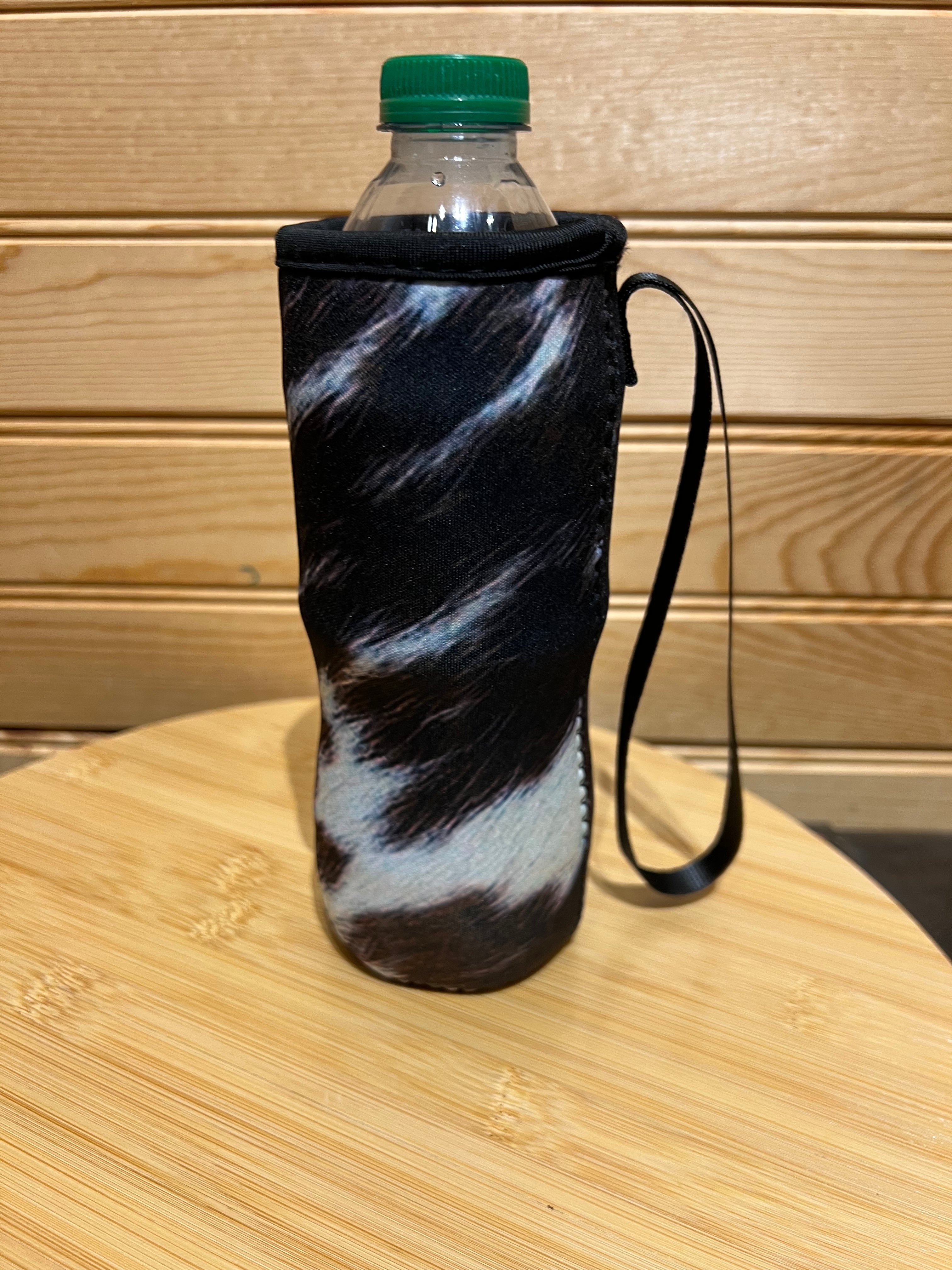 Neoprene Water Bottle Sleeve with Wrist Strap - Cow with fur look