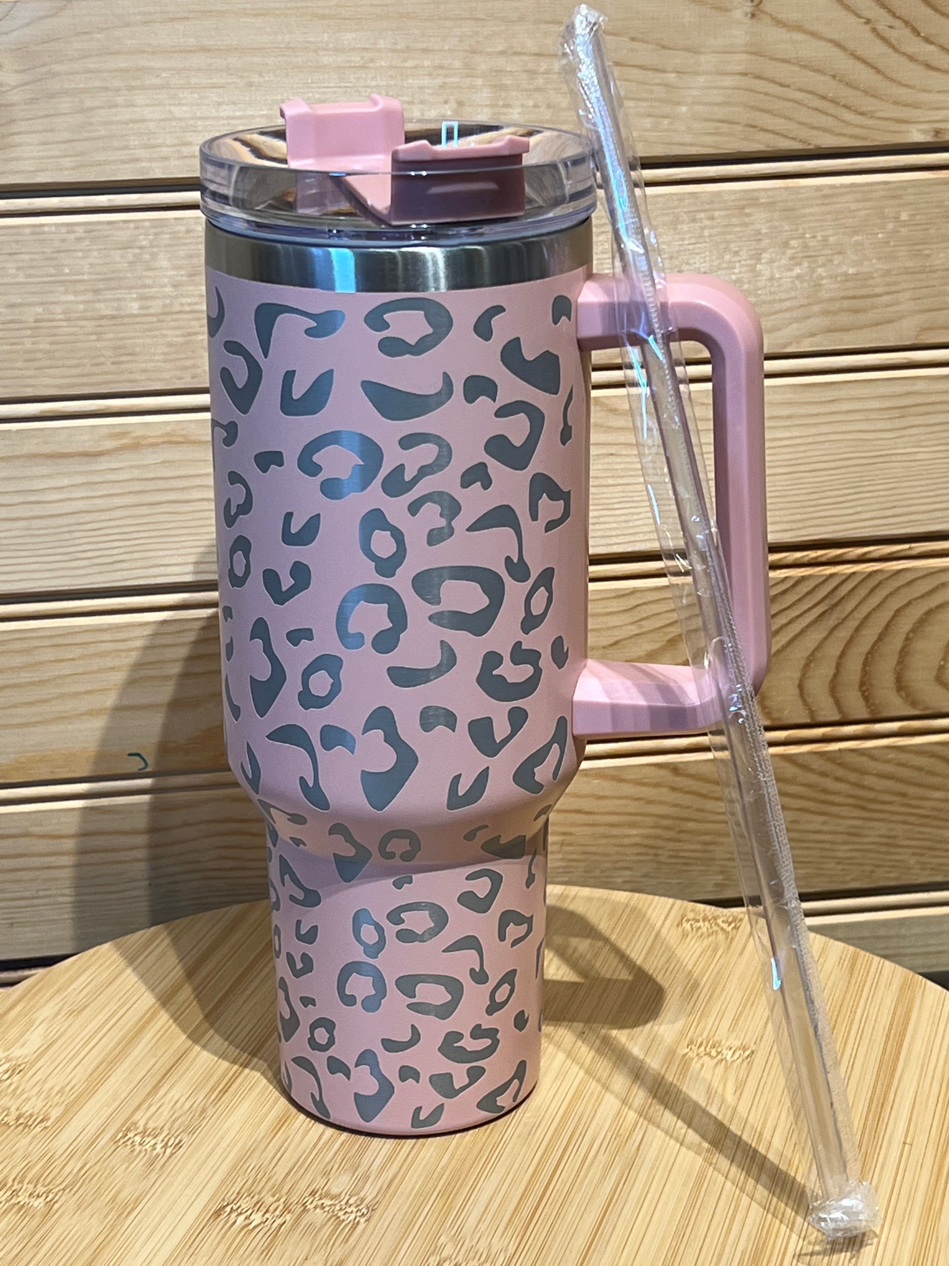 X Large Double Wall Handle Leopard Tumbler - Mauve