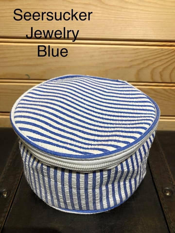 Seersucker Round Jewelry Pouch - Blue