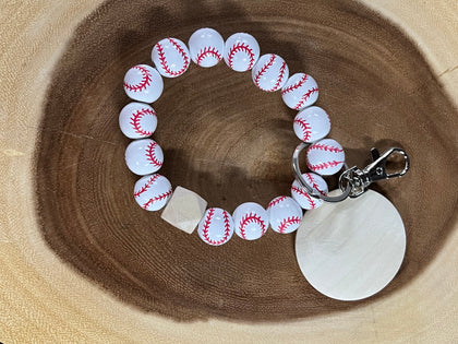 Wood Baseball with Monogram Wood Disc Bead Bracelet Keyring