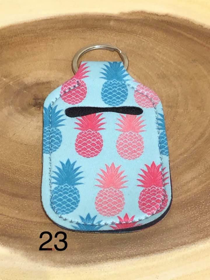 Neoprene Hand Sanitizer Keyring - #23 -Teal and Pink Pineapple
