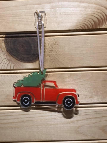 Acrylic Ornament - Red Truck with Tree