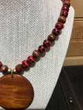 Wood Bead and Red Buffalo Necklace with Wood Disc.