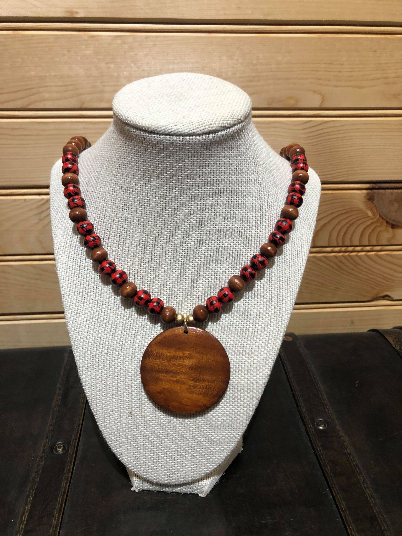 Wood Bead and Red Buffalo Necklace with Wood Disc.