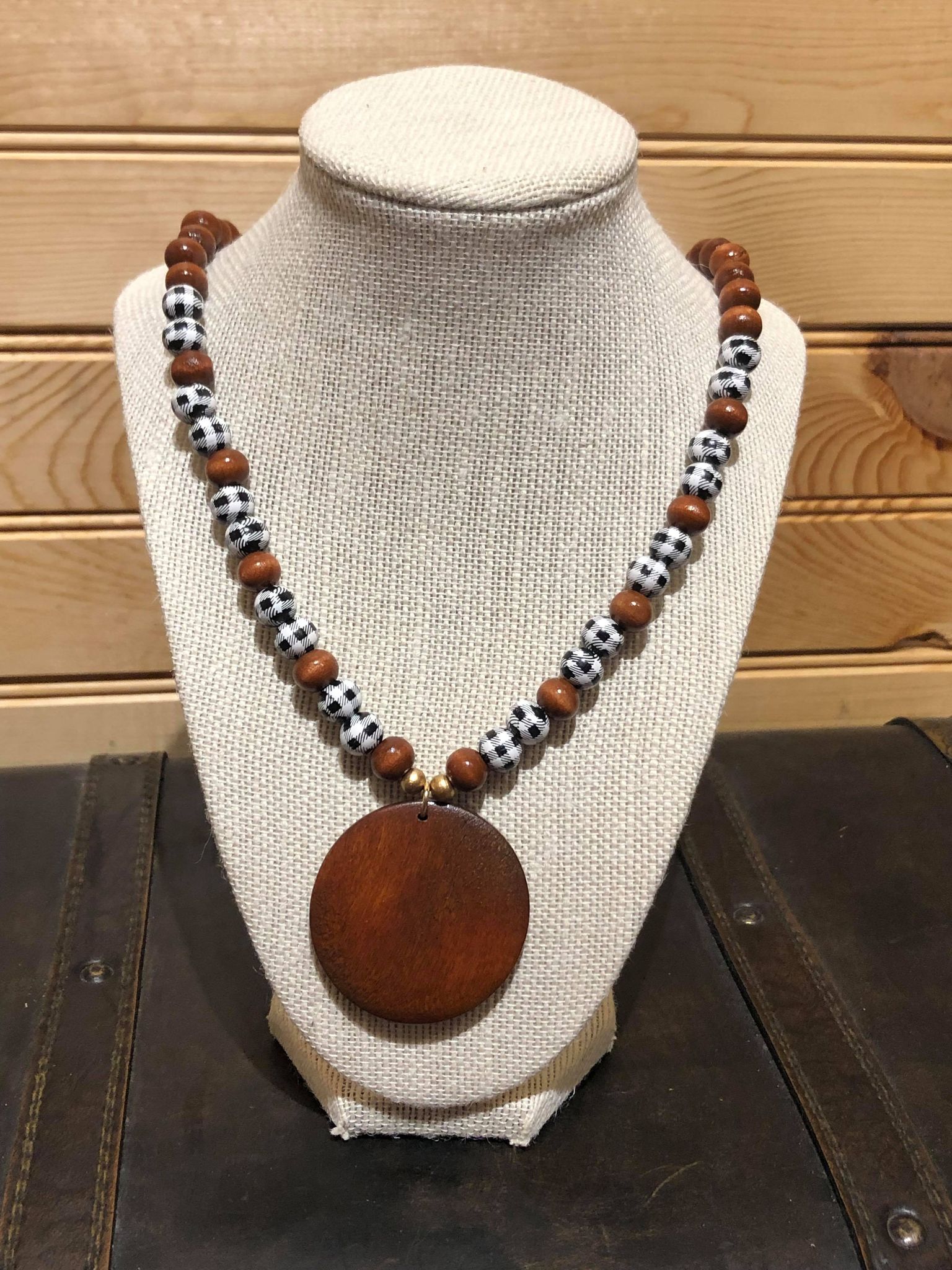 Wood Bead and White Buffalo Necklace with Wood Disc.