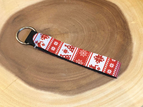 Christmas Key Fob - Red and with with Deer, Snowflakes, and Christmas Trees