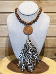 Wood Bead Disc Tassel Necklace with Light Leopard Tassel - #4