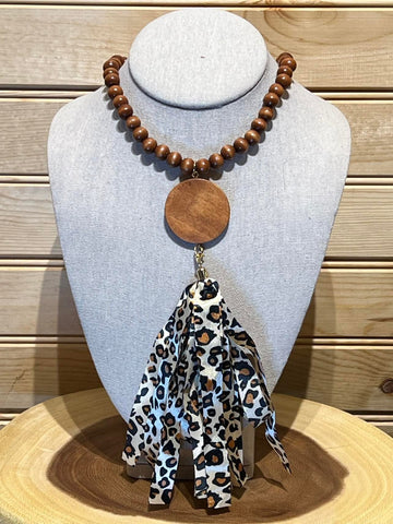 Wood Bead Disc Tassel Necklace with Light Leopard Tassel - #4