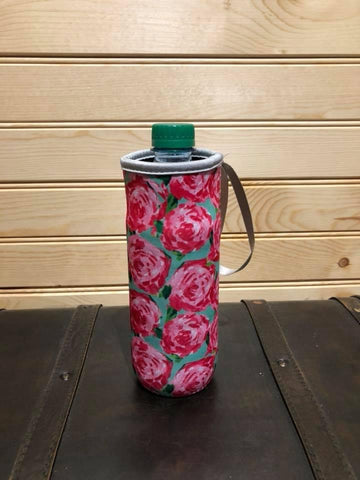 Neoprene Water Bottle Sleeve with Wrist Strap - Roses