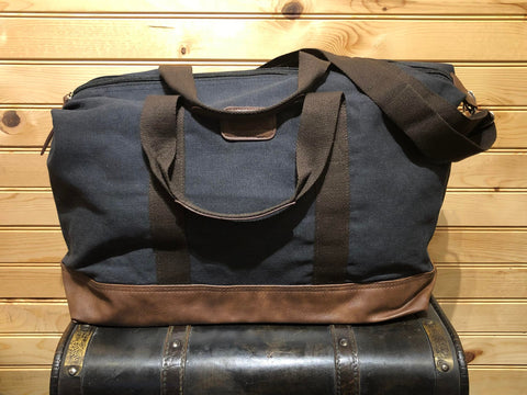 Canvas Duffle Bag with Strap - Black with Light Brown Vegan Leather