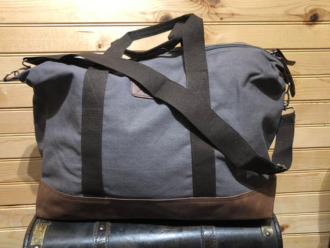 Canvas Duffle Bag with Strap -Grey with Textured Vegan Leather