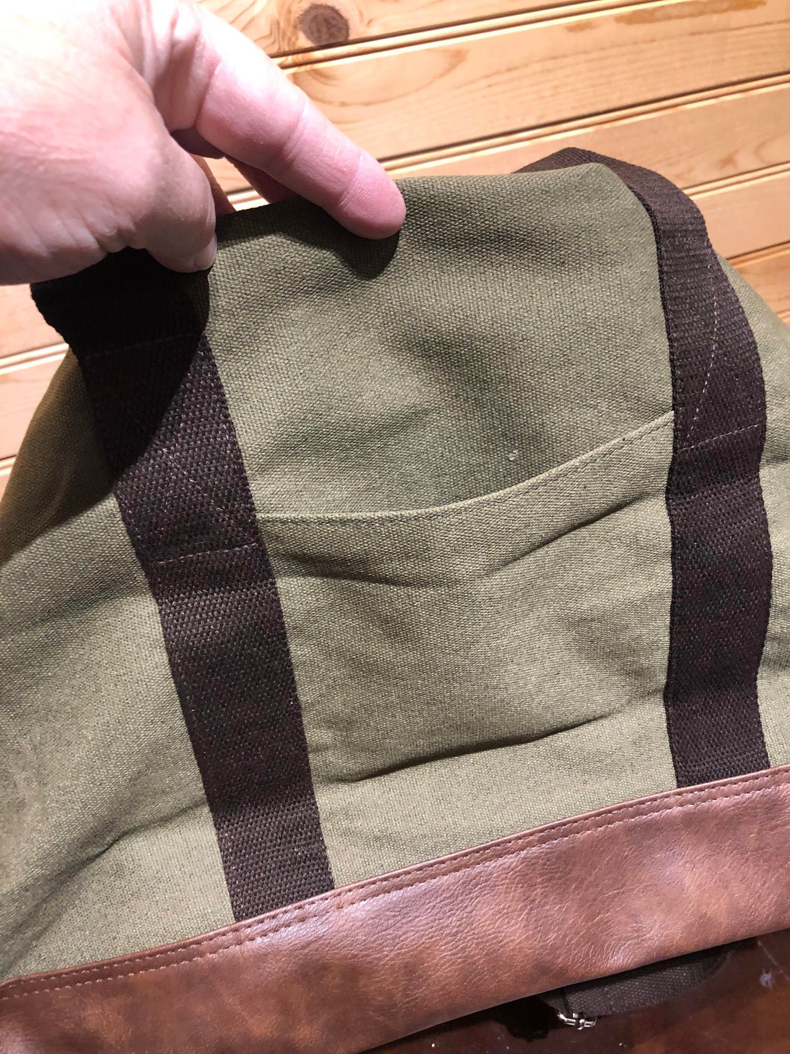 Canvas Duffle Bag with Strap -Grey with Lt Brown Vegan Leather