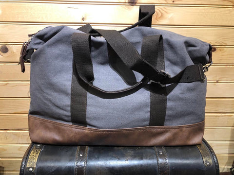 Canvas Duffle Bag with Strap -Grey with Lt Brown Vegan Leather