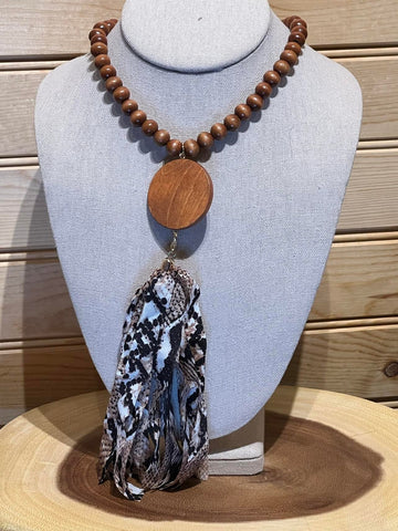 Wood Bead Disc Tassel Necklace with Brown Snake Tassel - #8