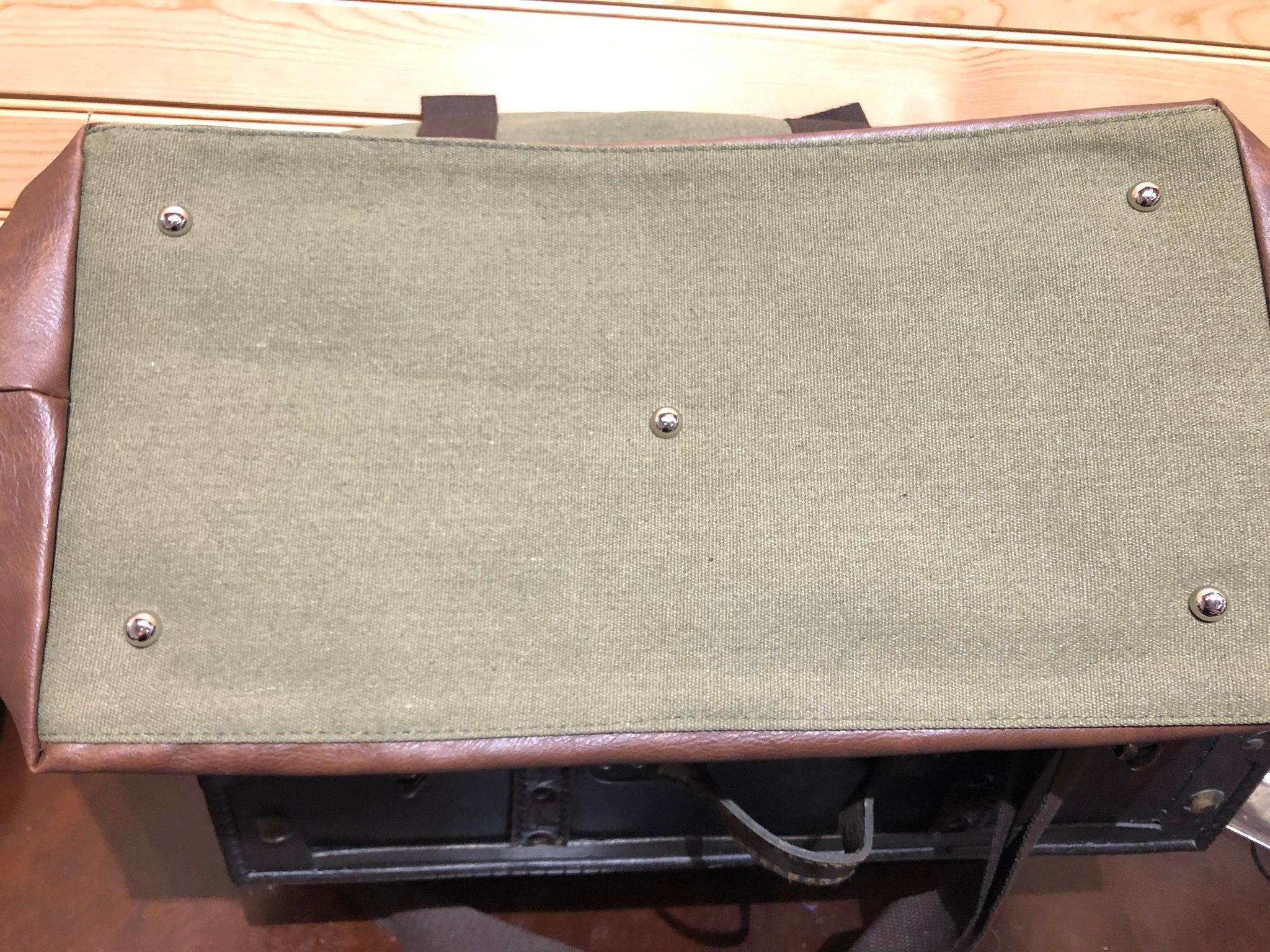 Canvas Duffle Bag with Strap - Army Green with Light Brown Vegan Leather