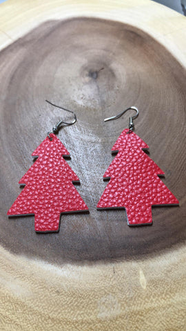 Christmas Vegan Leather Tree Earring - Red Texture